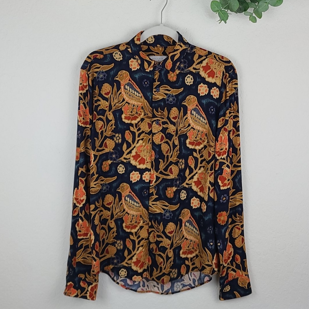 Zara Man Birds Shirt Long Sleeve Print Small